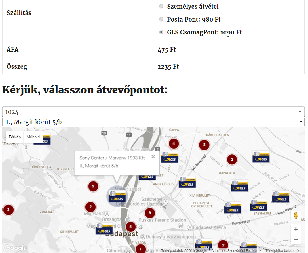 Átvevőpont kiválasztása
